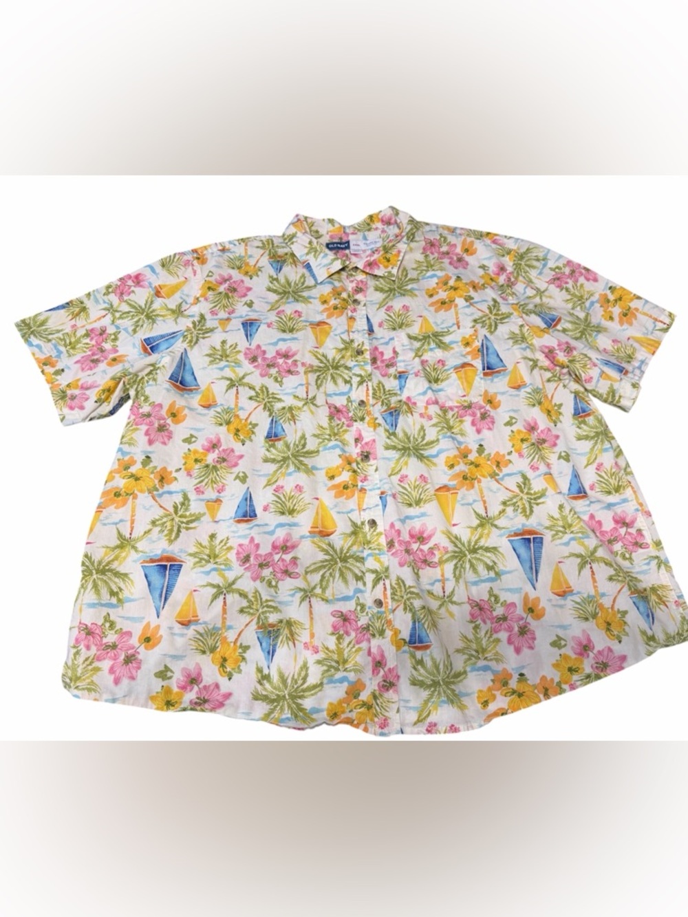 Old Navy Cream Tropical Floral & Sailboat Button-Up Shirt